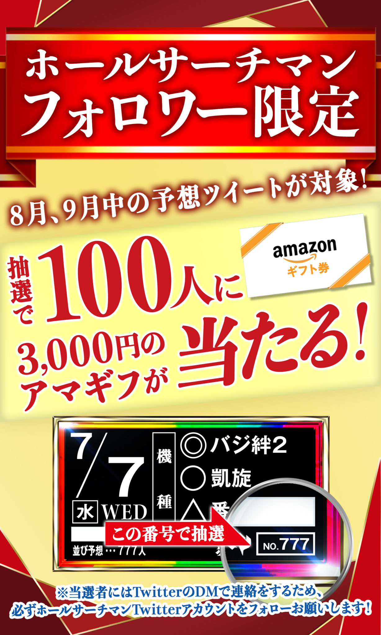 8月9月度 ホールサーチマンフォロワー限定 プレゼントキャンペーン ホールサーチマンｌパチスロみんなで勝てるホール予想